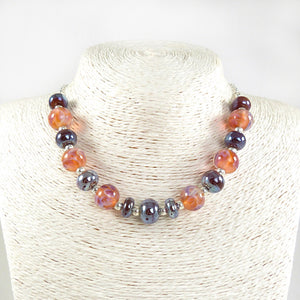 Peach and Mulberry Lampwork Glass Bead and silver Necklace