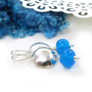 Bright blue bead and silver drop earrings