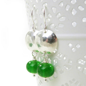 Bright green glass bead and silver drop earrings