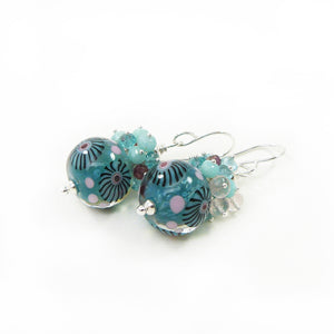 mint green and pink lampwork glass bead and gemstone drop earrings