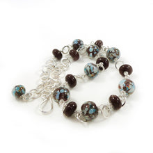 Brown and aqua lampwork glass bead and silver chain necklace