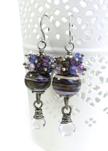 Stripy lampwork glass and gemstone bead dangle earrings