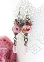 Pink lampwork glass bead, sterling silver and gemstone earrings