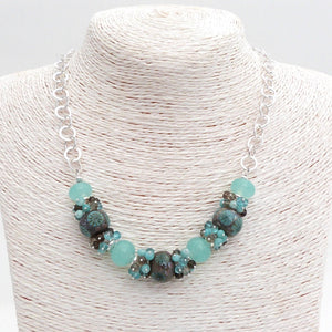Mint Green and Brown Lampwork Glass, Gemstone Bead and Sterling Silver Necklace