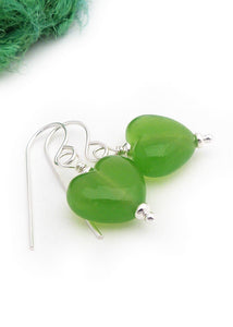 Bright Green Lampwork Glass Heart Drop Earrings