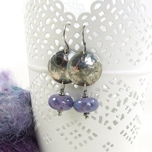 Purple Speckled Bead and Hammered Silver Disc Drop Earrings