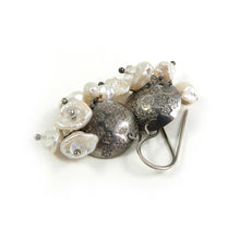 Oxidised silver snowflake disc, cream pearl and rainbow moonstone handmade drop earrings