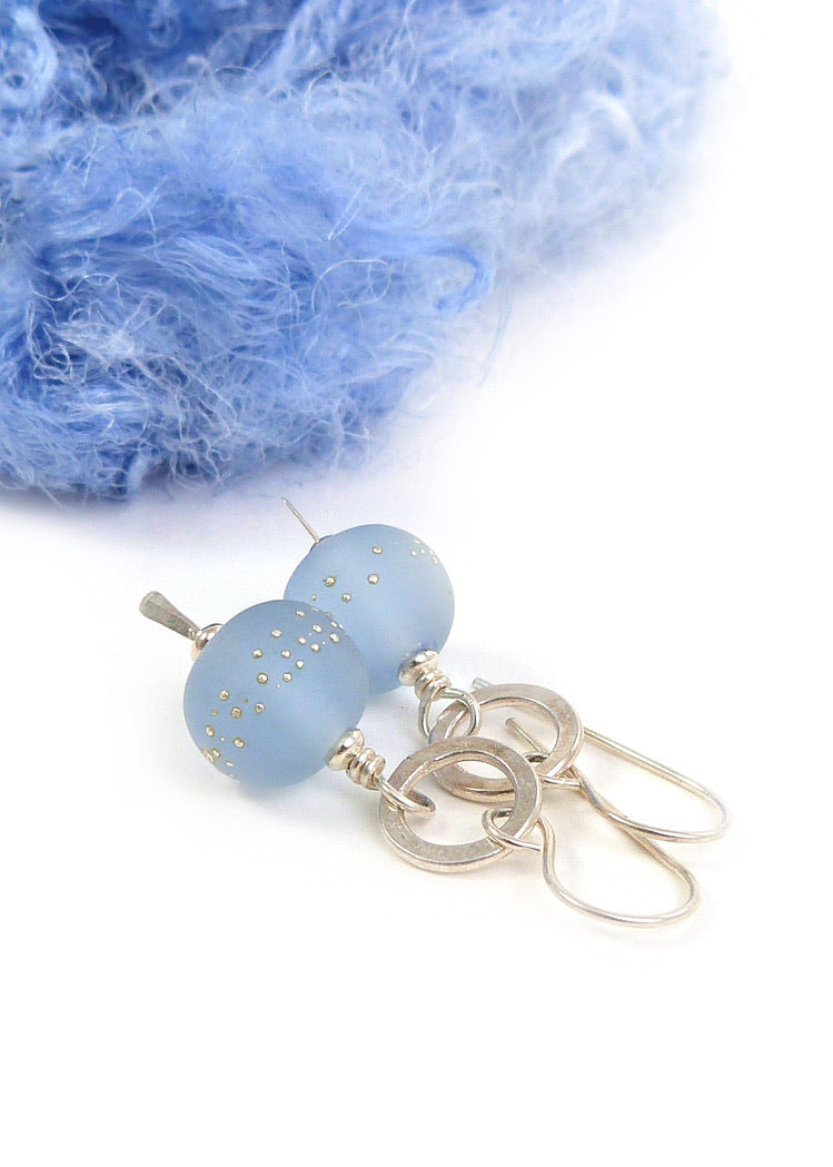 Pale Blue Lampwork Glass and Sterling Silver Drop Earrings