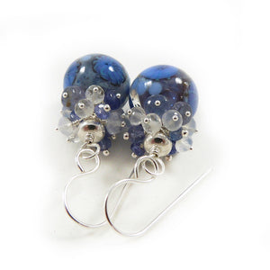 Periwinkle blue lampwork glass and gemstone drop earrings