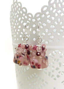 Pale pink Lampwork Bead and gemstone drop earrings