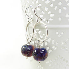 Purple and black lampwork glass and silver drop earrings