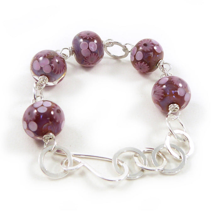 Pink Lampwork Glass Bead and Sterling Silver Bracelet ~Pink Blooms~