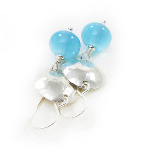 Aqua Blue Bead and Hammered Silver Disc Drop Earrings