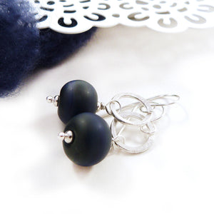 Navy Blue Lampwork Glass and Sterling Silver Drop Earrings