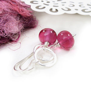 Pink lampwork glass and silver drop earrings