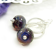 Purple and black lampwork glass and silver drop earrings