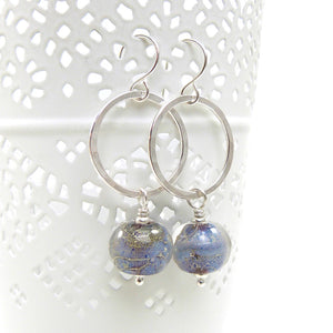 Iridescent Blue Lampwork Glass and Sterling Silver Drop Earrings