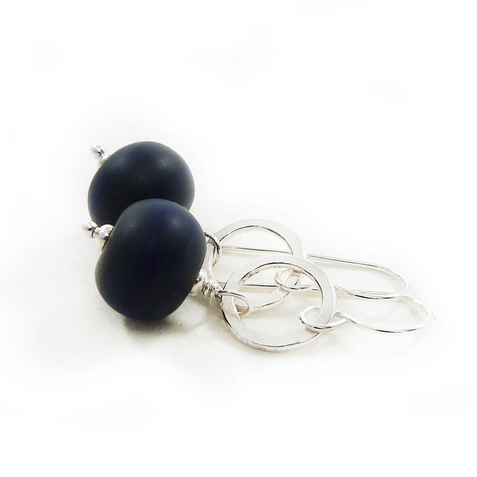Navy Blue Lampwork Glass and Sterling Silver Drop Earrings