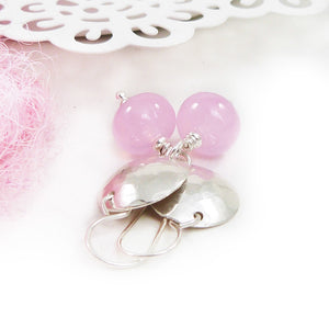 Petal Pink Bead and Hammered Silver Disc Drop Earrings