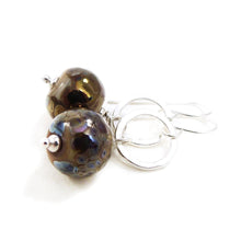 Pair of earrings with round brown beads and silver loops on a white background