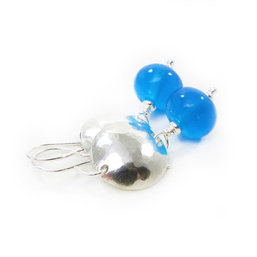 Bright blue bead and silver drop earrings