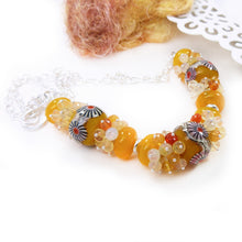 Yellow lampwork glass beads, fire opal gemstone and silver necklace