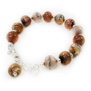 Warm brown and peach lampwork glass and silver bracelet