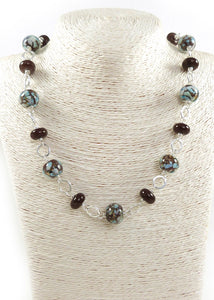 Brown and aqua lampwork glass bead and silver chain necklace