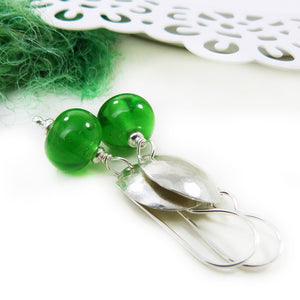 Bright green glass bead and silver drop earrings
