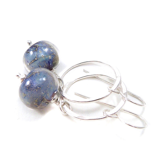 Iridescent Blue Lampwork Glass and Sterling Silver Drop Earrings
