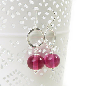 Pink lampwork glass and silver drop earrings