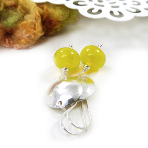 Buttercup Yellow Bead and Hammered Silver Disc Drop Earrings