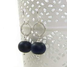 Navy Blue Lampwork Glass and Sterling Silver Drop Earrings