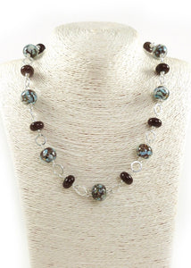 Chocolate Brown and Aqua Lampwork Glass Bead and Silver Necklace
