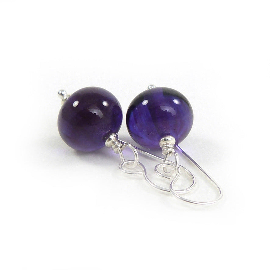 purple lampwork glass bead and silver drop earringspurple lampwork glass bead and silver drop earrings