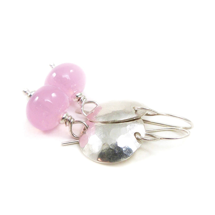 Petal Pink Bead and Hammered Silver Disc Drop Earrings