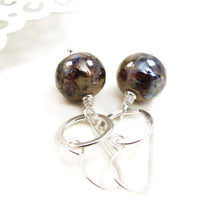 Pair of earrings with round brown beads and silver loops on a white background