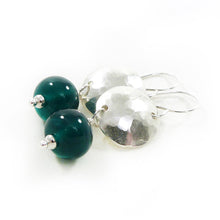 Green glass bead and silver drop earrings