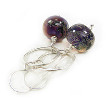 Purple and black lampwork glass and silver drop earrings