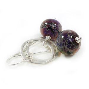 Purple and black lampwork glass and silver drop earrings