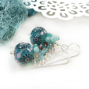 mint green and pink lampwork glass bead and gemstone drop earrings