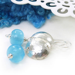 Aqua blue glass bead and silver drop earrings