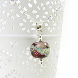 Red Swirled Lampwork glass bead pendant and siiver chain