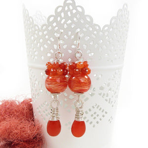 Orange Lampwork glass, carnelian gemstone and silver drop earrings