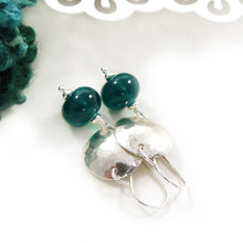 Green glass bead and silver drop earrings