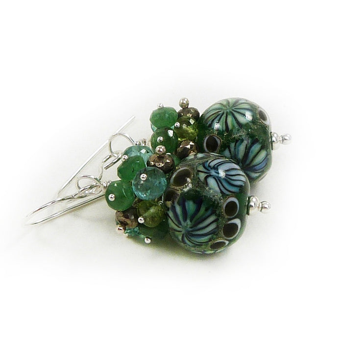 Deep Green Lampwork Glass Bead, Gemstone and Sterling Silver Earrings