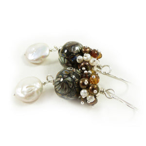 Lampwork glass bead, pearl gemstone and silver drop earrings