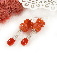 Orange Lampwork glass, carnelian gemstone and silver drop earrings
