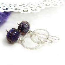 Purple and black lampwork glass and silver drop earrings