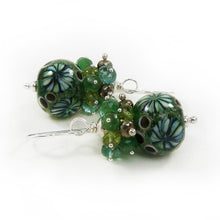 Deep Green Lampwork Glass Bead, Gemstone and Sterling Silver Earrings